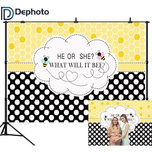 DePhoto Gender Reveal Party Backdrop Baby Shower Photo Background He or She What Will It Bee Photo Booth photography Props
