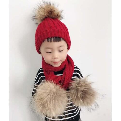 2019 Fur Pompom Kids Beanie Winter Twist Knitted Hat and Scarf Set Baby Children Real Raccoon Fur Pompom Skullies Hats