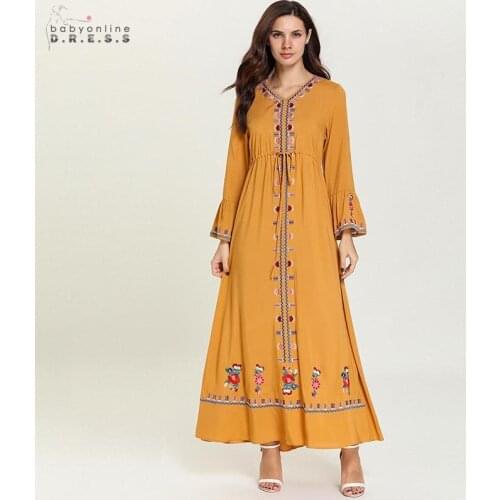 Middle East V-neck Muslim Arabic Long Evening Dress Ginger Yellow Patterns A-line Dubai Evening Gown Robe de Soiree Abendkleider