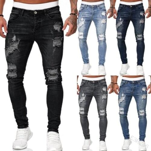Mens Hole Jeans Pants Casual Male Ripped Skinny High-Elastic Trousers Slim Pure Color Biker Outwears Pencil Pants Men