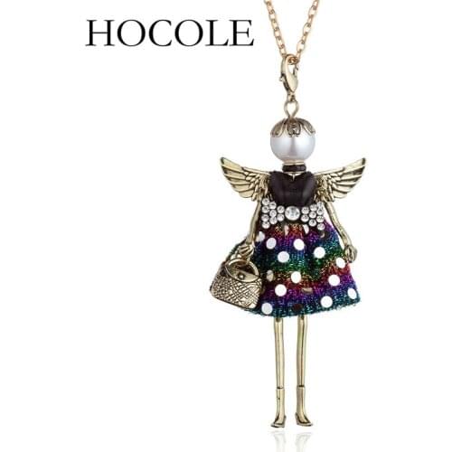 HOCOLE New 2018 women doll long necklace angel wings pendant handmade girl Lovely maxi necklaces & pendants hot fashion jewelry