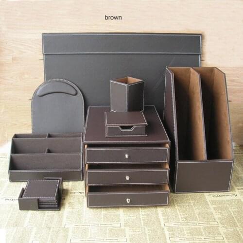 PU leather wood multifonctional desk stationery organizer pen holder archivador escritorio desk documents cabinet organizer
