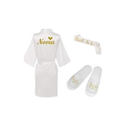 3pc set of glitter gold novia robe bride slippers bridal sash foil writing Espanol spanish kimono la novia women pajamas robe