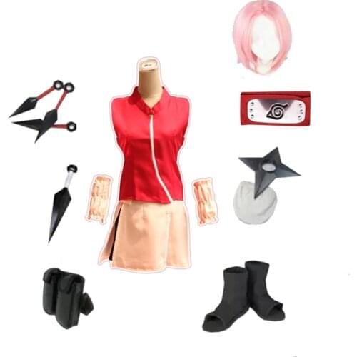 Cosplay Costume Haruno Sakura Anime Cosplay Costumes Women Zipper Dress+skirt+Headband+Shoes+Kunai+bag+shuriken Full Set