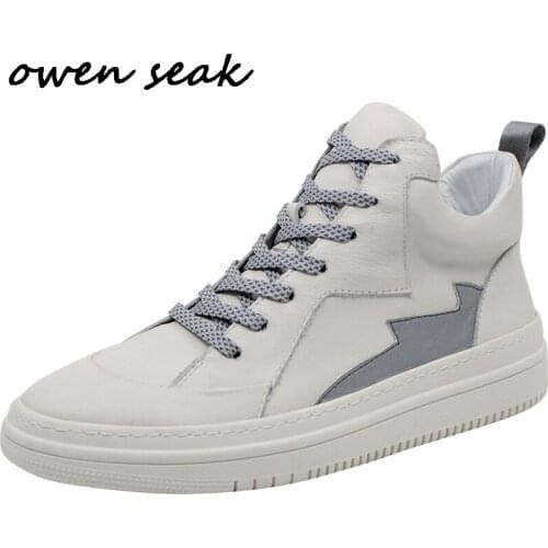 Owen Seak Men Casual Shoes Luxury Trainers Cow Leather Lace Up High Top Sneakers Male Autumn Boots Flats Black White Shoes