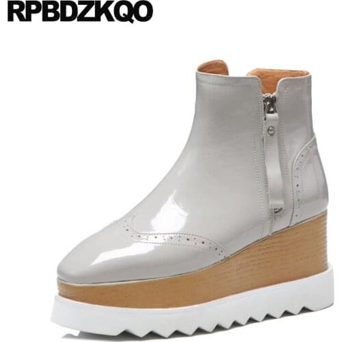 Square Toe Patent Leather High Heel Brogue Brand Women Winter Boots Genuine British Shoes Wedge Flatform Muffin Grey Booties