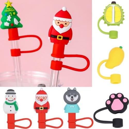 Silicone Straw Stopper Santa Claus Snowman Reusable Dust Cap Glass Cup Stopper Cover Christmas Kitchen Accessories