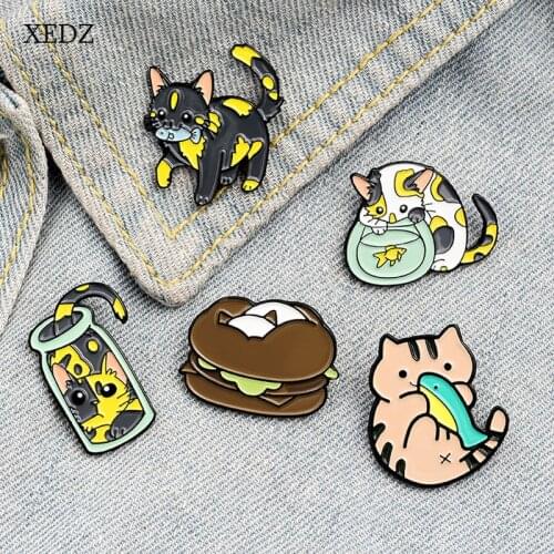 XEDZ Cartoon spot yellow black eat fish cowboy brooch cat burger fish tank enamel pin men and women metal badge punk clothes lap
