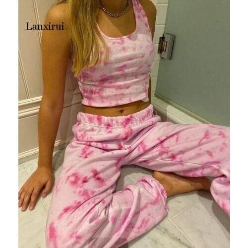 Tie Dyeing Two Piece Set Sweatsuit Slim Crop Top + Casual Long Pants Sportswear Two Piece Outfits for Women Tracksuit Female Set