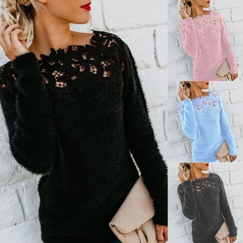 Wholesales Autumn Winter Women Solid Color Lace Patchwork Long Sleeve Sweater Pullover Top