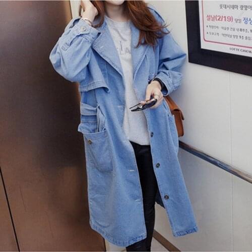 Autumn Winter Denim Trench Coat Women Cotton Mid-length Casual Large Size Single-breasted Lace-up Street Denim Coat Female E267