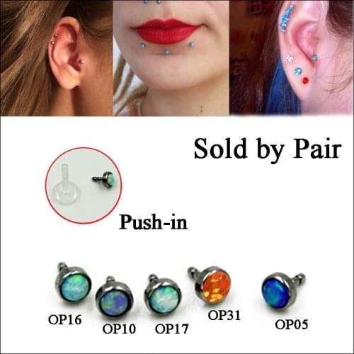 Pair Opal Stone Bioplast Acrylic Bar Push-in Labret Stud Lip Bar Piercing Earring Cartilage Nose Stud Piercing Body Jewelry 16g