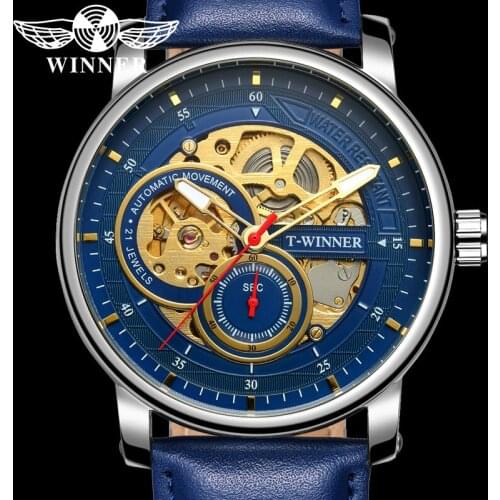 WINNER Automatic Mechanical Men Wristwatch Military Sport Male Clock Top Brand Luxury Skeleton Genuine Leather Man Watch 8196