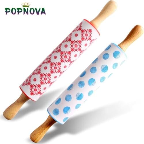 Christmas Fondant Rolling Pin Food grade silicone Nonstick Noodle Cake Wooden Handle Dough Roller Home Kitchen Pastry Tools