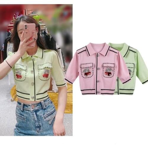 Women Crop Top Short Cardigan Womens Summer 2021 New Lapel Cherry Beaded Pocket High Waist Sweater Shirt Thin Cropped Cardigan