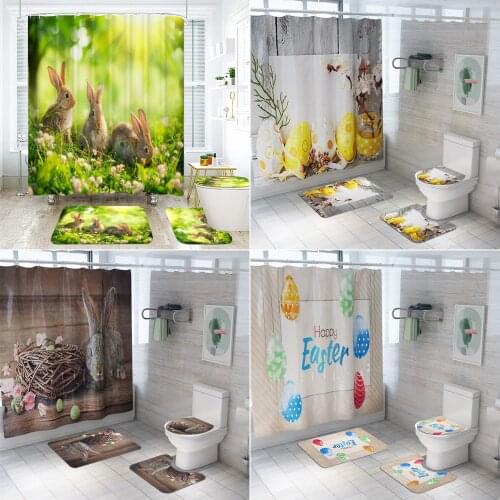 Easter Rabbit Egg Prints Bathroom Curtains Sets 3D Polyester Waterproof Shower Curtain Toilet Cover Mat Non-Slip Bath Rug Set