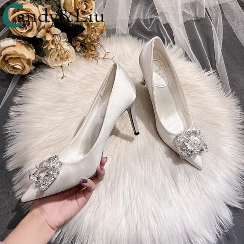 Female White Wedding Shoes Diamond Dragon Phoenix Button Womens Thin Heel Champagne Gold Bridesmaid Dress Bridal Shoes large 43