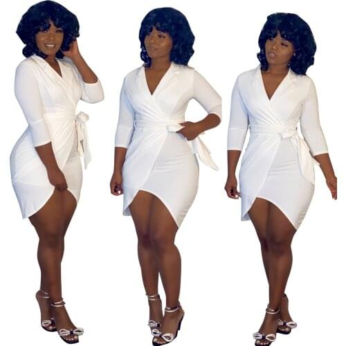 Office Lady European and American Autumn New Solid Color Deep V Bandage Asymmetric Dress Nightclub Clothes French Vintage