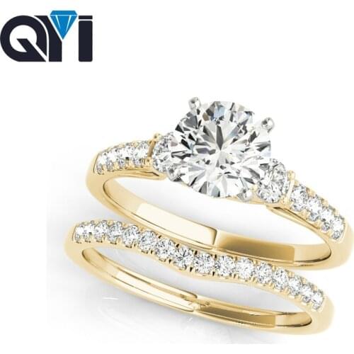 QYI 14K Solid Yellow Gold Solitaire Engagement Ring Sets Round Cut 1 ct Sona Simulated Diamond Engagement Women Wedding Ring