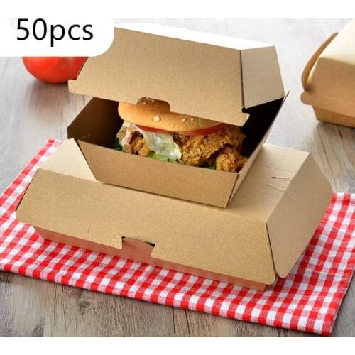 50pcs Hamburger packaging box kraft paper pure color baking delicious bread paper box picnic party food disposable package