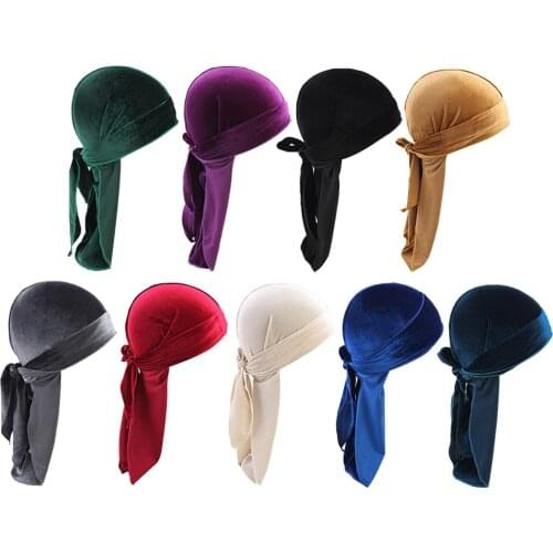 Women Men Long Tail Plain Velvet Bandana Turban Hat Durag Headwear Pirate Cap Head Wraps