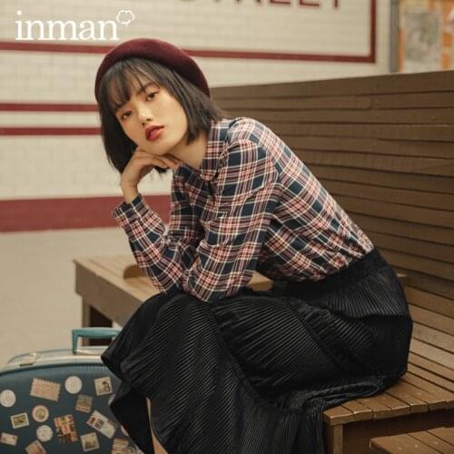 INMAN Spring Autumn Artsy Women Blouse Turn Down Collar Candy Color Button Classic Plaid Comfortable Cotton Tops