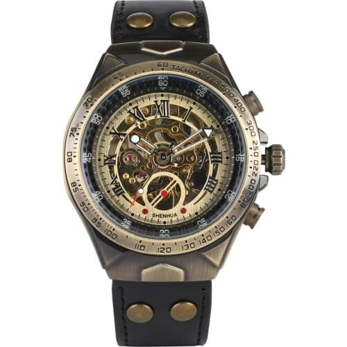 Mens Retro Automatic Mechanical Wristwatch Skeleton Watches Business Bronze Tone Elegant Watches with Fluorescent Pointers