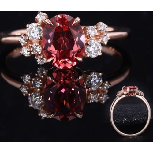 Cheerstar 14K gold lab sapphire Padparadscha Oval 7X9mm with lab grown diamond melee stone ring