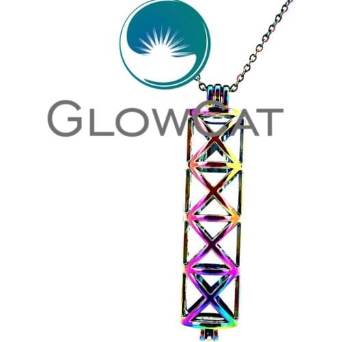 GLOWCAT CC175 Rainbow Color Cross Cylinder Beads Cage Pendant Essential Oil Diffuser Aromatherapy Pearl Cage Locket Necklace