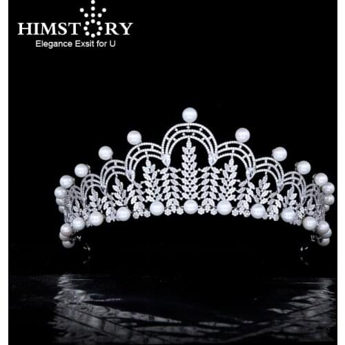 Himstory New Princess Queen Full Zircon Tiaras Crowns for Brides Pearls Hairbands Crystal Wedding Dress Accessories