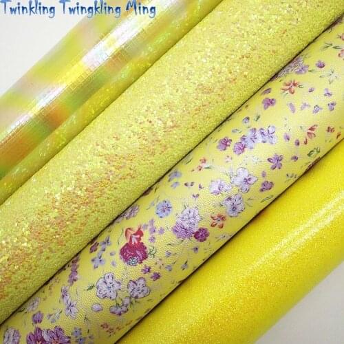 Yellow Glitter leather, Flowers Printed Synthetic Leather, Smooth Glitter Faux Fabric For Bow A4 21x29CM Twinkling Ming KM178