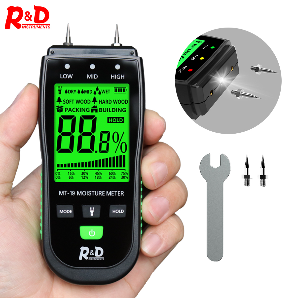 R&D MT-19 Wood Moisture Meter Carton Humidity tester Tree Hygrometer with Two Pins LCD backlight screen and flashlight