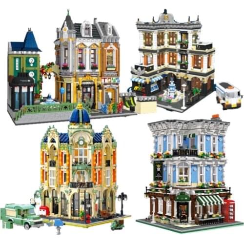 Creator Street View Lion Pub Club Bar Fountain Square Toy Corner Cafe Modular MOC Bricks Model Building Blocks Toy Emporium