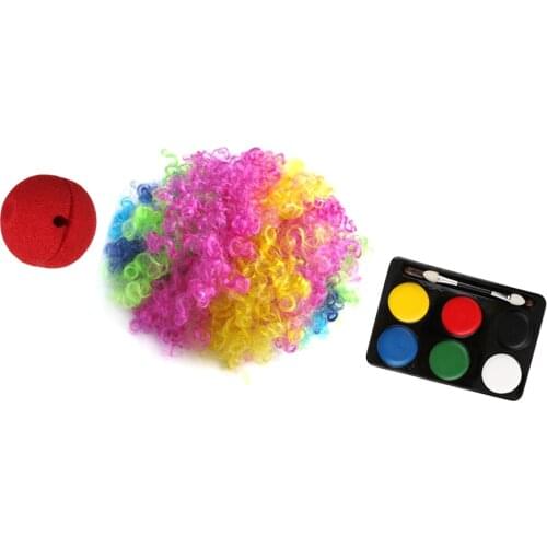 Clown Joker Jester Costume Set Colorful Wig + Red Nose + Face Makeup Paints