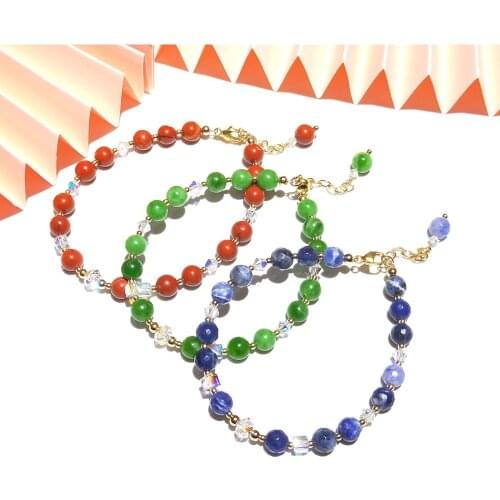 Lii Ji Natural Stone Green Jade Red Jasper Blue Sodalite 6mm Beads Austrian Crystal14K Gold Filled Beaded Bracelet 18+3cm