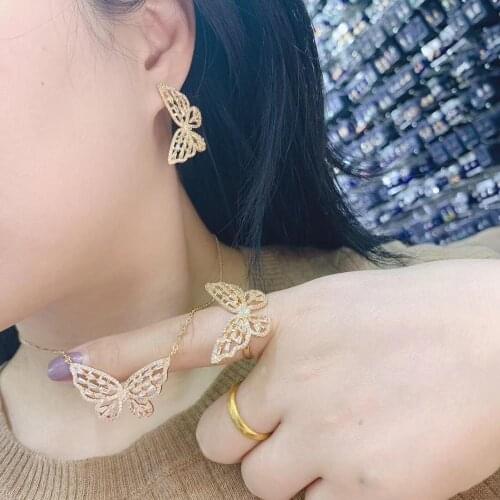Fashion Butterfly Full Micro AAA Cubic Zircon Necklace earring ring For Women Dubai Bridal Engagement Jewelry set