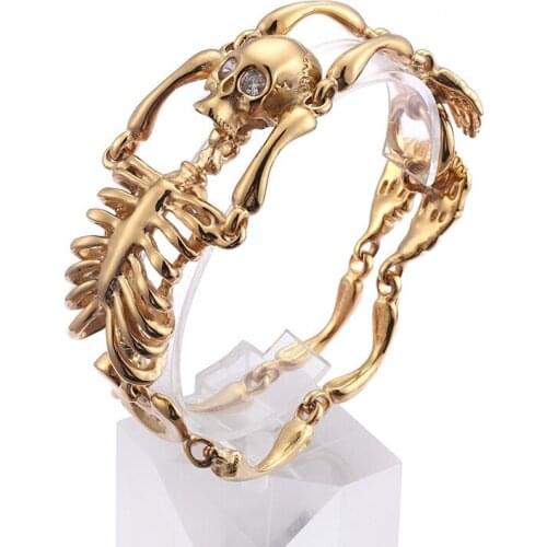 Fashion Punk 21cm Long Skull Gold Bracelets For Men 2019 Stainless Steel Skeleton Charm Bracelet Homme Male Jewelry
