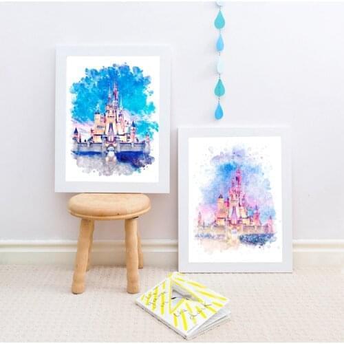 Watercolor Castle Art Princess Nursery Wall Art Print Cartoon Castle Canvas Painting Kids Room Decor Birthday Party Decoration
