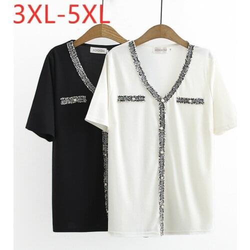New 2021 Ladies Summer Plus Size Tops For Women Large Short Sleeve Slim Cotton White Black Button V-neck T-Shirt 3XL 4XL 5XL