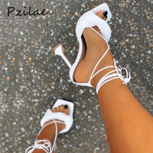 Pzilae New Women High Heels Sandals Footwear Square Toe Cross-Tied Ankle Strap Summer Sandals Shoes 2021 Female Sexy Party Pumps