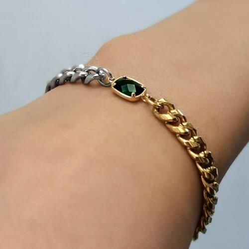 Adjustable Gold Color Unique Stainless Steel Curb Cuban link Emerald Green Stone Charm Bracelet for Women Girl Stylish HDB325