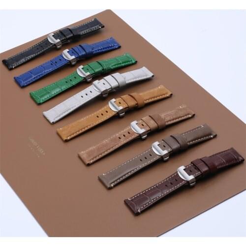 Crocodile Pattern GenuineBambooLEather Watchband For Panerai Strap PAM441 Bracelet Butterfly BuckleEngraving Logo 24mm