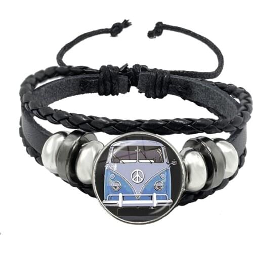 Retro Hippie Peace Sign Fan Bus Leather Bracelet Fashion Men and Women Jewelry Convex Round Glass Black Bracelets Dropship