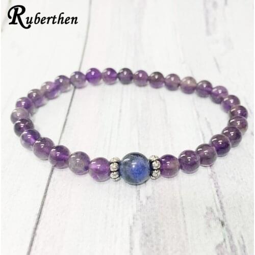 Ruberthen Hot Sale Women`s Bracelet Natural 6mm Amethys t Beaded Bracelet Chakra Healing Bracelet Best Birthday Gift for Girl