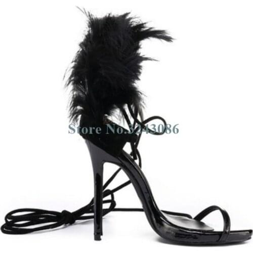 Open Toe Single Strap Thin High Heel Sandals Black Feather Show Shoes Elegant Banquet Women Shoes Leather Ankle Strap Sandals