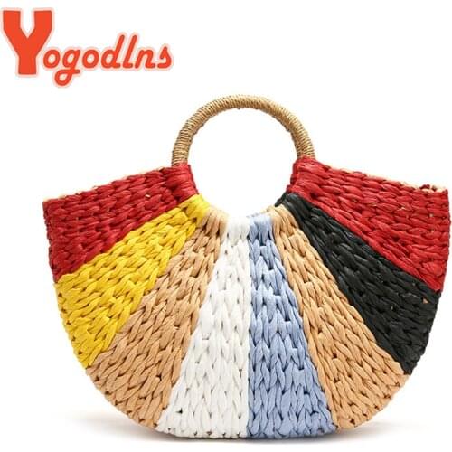 Yogodlns Summer Straw Handbag Women Black White Weaving Beach Bags Multicolor Handle Bag Large Capacity Vacation Lady Tote bolso