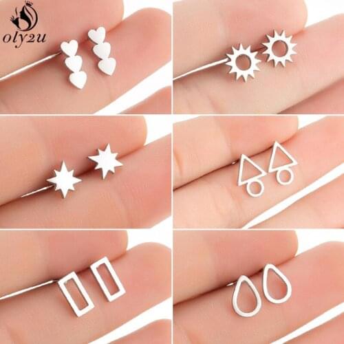 Tiny Stainless Steel Love Heart Stud Earrings Women 2021 Trendy Sun Star Square Triangle Earings Geometric Jewelry Piercing Gift