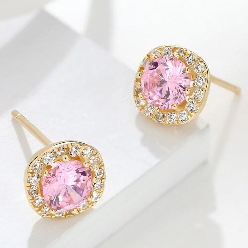 14k gold color square pink crystal zircon diamonds gemstones stud earrings for women jewelry bijoux fashion brincos accessories