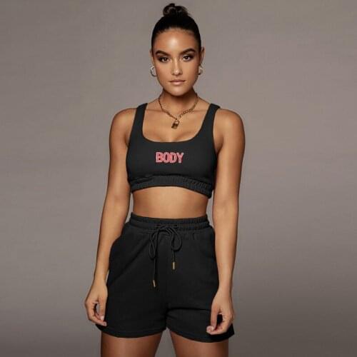 FUFUCAILLM Women Two-piece Tracksuits U-shaped Collar Stretchy Tops and Elastic Waist Shorts Letter Print Summer Casual Outfits