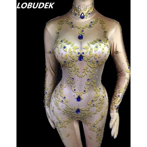 Female Stage Acrobat Costume Nightclub Pole Dancing Performance Clothing DJ Singer Show Sexy Stretch Skinny Rhinestones Jumpsuit